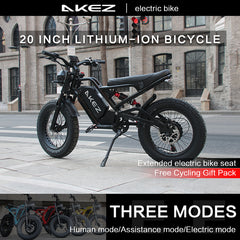 AKEZ Jaguar 52V Electric Bike, 1500W Fat Tire Full Suspension eBike, 20×4.0 All-Terrain Electric Bicycle